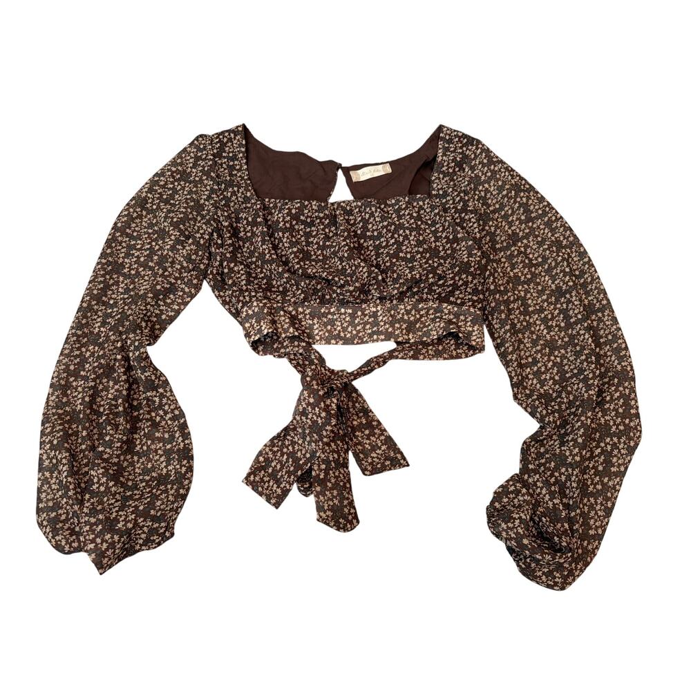 Altar’d State Floral Crop Top Long Sleeve Brown Boho Indie Women Size XS